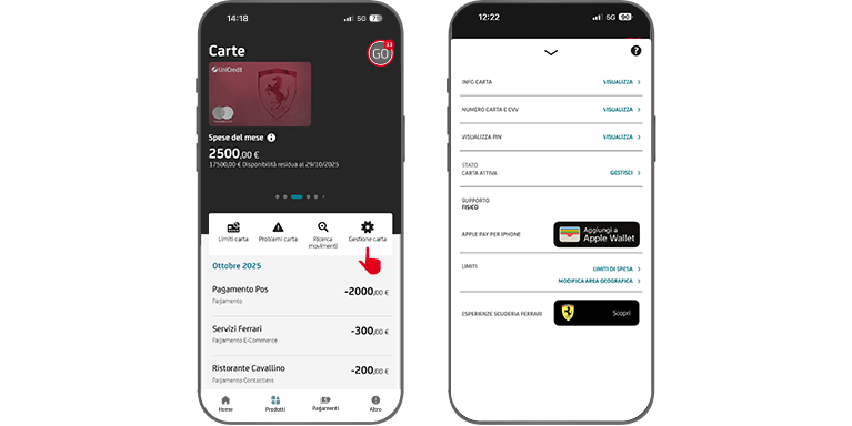 Schermata gestione carte su App Mobile Banking