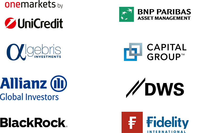 Loghi di otto società di asset management: Onemarkets UniCredit, Algebris Investments, Allianz Global Investors, BlackRock, BNP Paribas, Capital Group, DWS, Fidelity International.