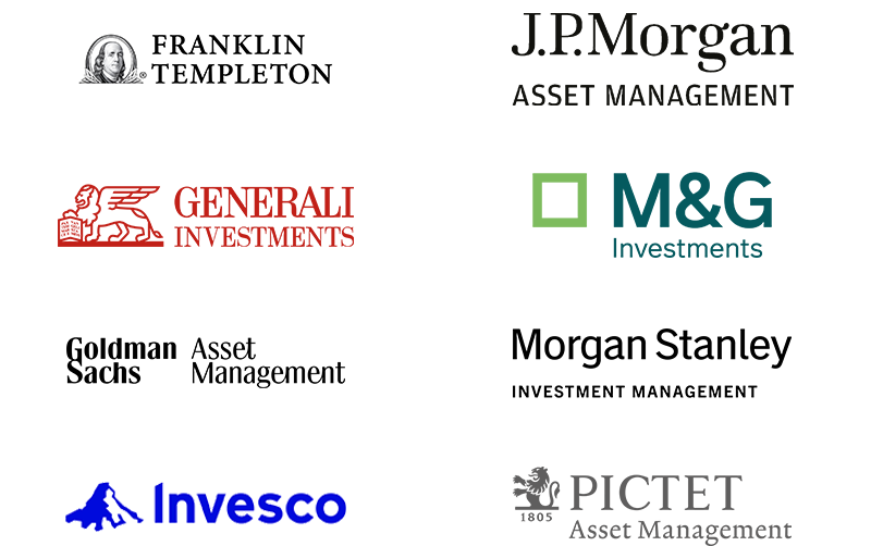 Loghi di otto società di investimento: Franklin Templeton, Generali, Goldman Sachs - Asset Management, Invesco, J.P. Morgan Asset Management, M&G Investments, Morgan Stanley - Investment Management, Pictet Asset Management.