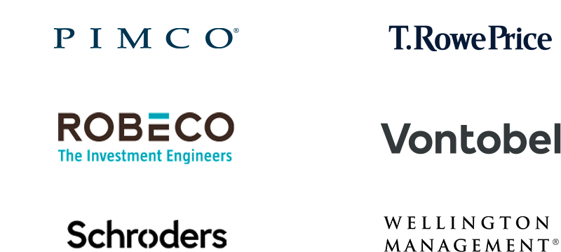 Loghi di sei società finanziarie: PIMCO, Robeco – The Investment Engineers, Schroders, T. Rowe Price – Invest with Confidence, Vontobel Asset Management, Wellington Management.
