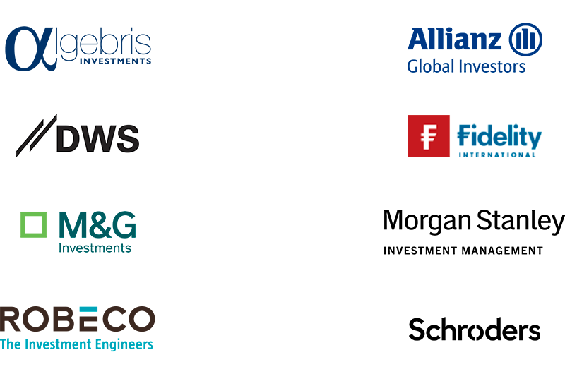 Loghi di otto società di asset management: Algebris Investments, Allianz Global Investors, DWS, Fidelity International, M&G Investments, Morgan Stanley - Investment Management, Robeco – The Investment Engineers, Schroders.