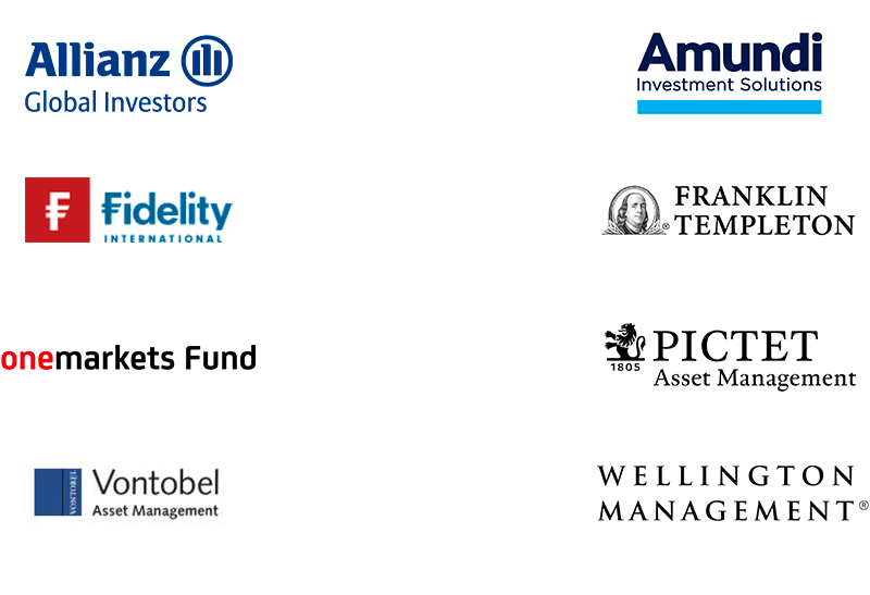  Loghi di otto società di asset management: Allianz Global Investors, Fidelity International, onemarkets Fund, Vontobel Asset Management, Amundi Investment Solutions, Franklin Templeton, Pictet Asset Management, Wellington Management.