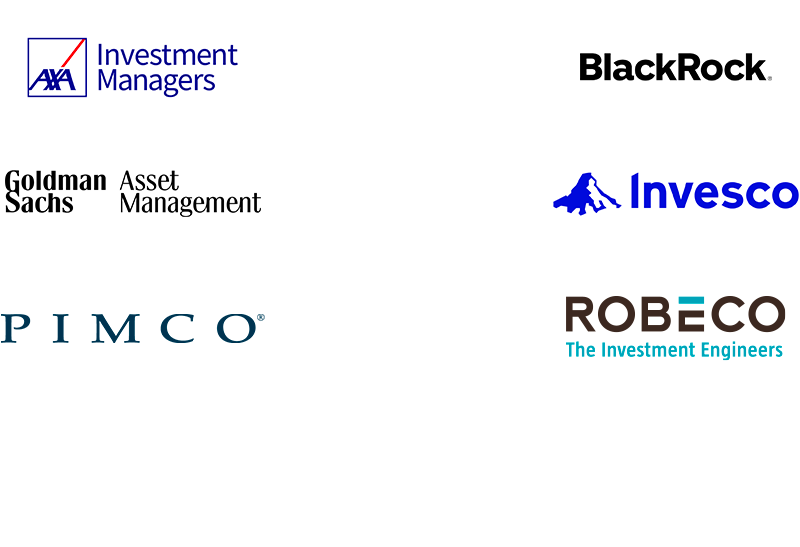 Loghi di sei società di investimento: AXA Investment Managers, Goldman Sachs Asset Management, PIMCO, BlackRock, Invesco, Robeco – The Investment Engineers.