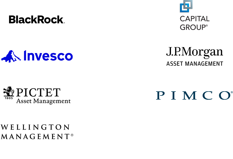 Loghi di sette società finanziarie: BlackRock, Capital Group, Invesco, J.P. Morgan Asset Management,Pictet Asset Management, PIMCO, Wellington Management.