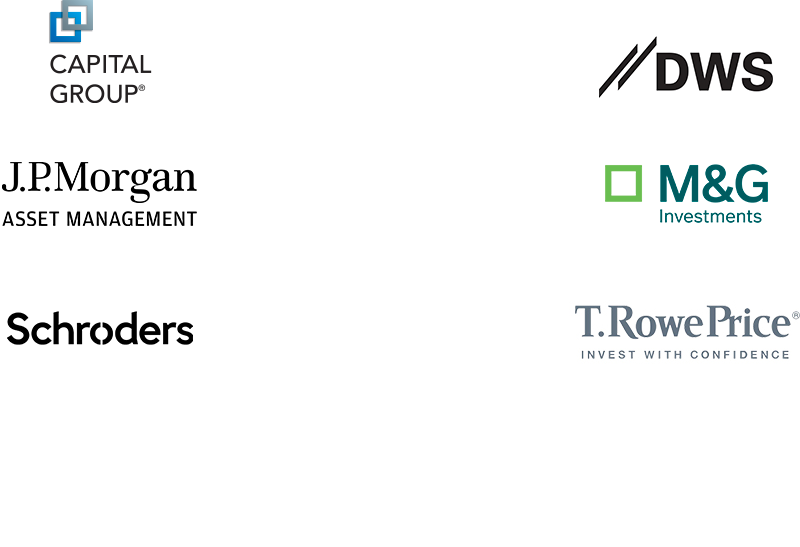Loghi di sei società finanziarie: Capital Group, J.P. Morgan Asset Management, Schroders, DWS, M&G Investments, T. Rowe Price – Invest with Confidence.